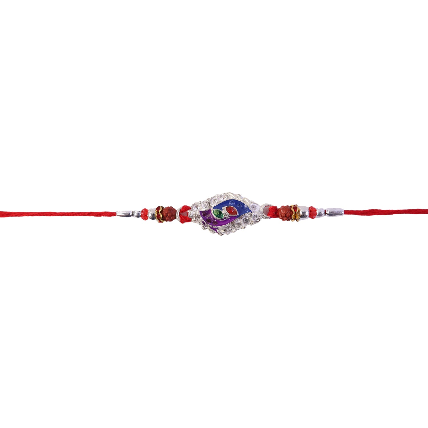 Morpich Enamel Rakhi with Silver Beads and Red Thread