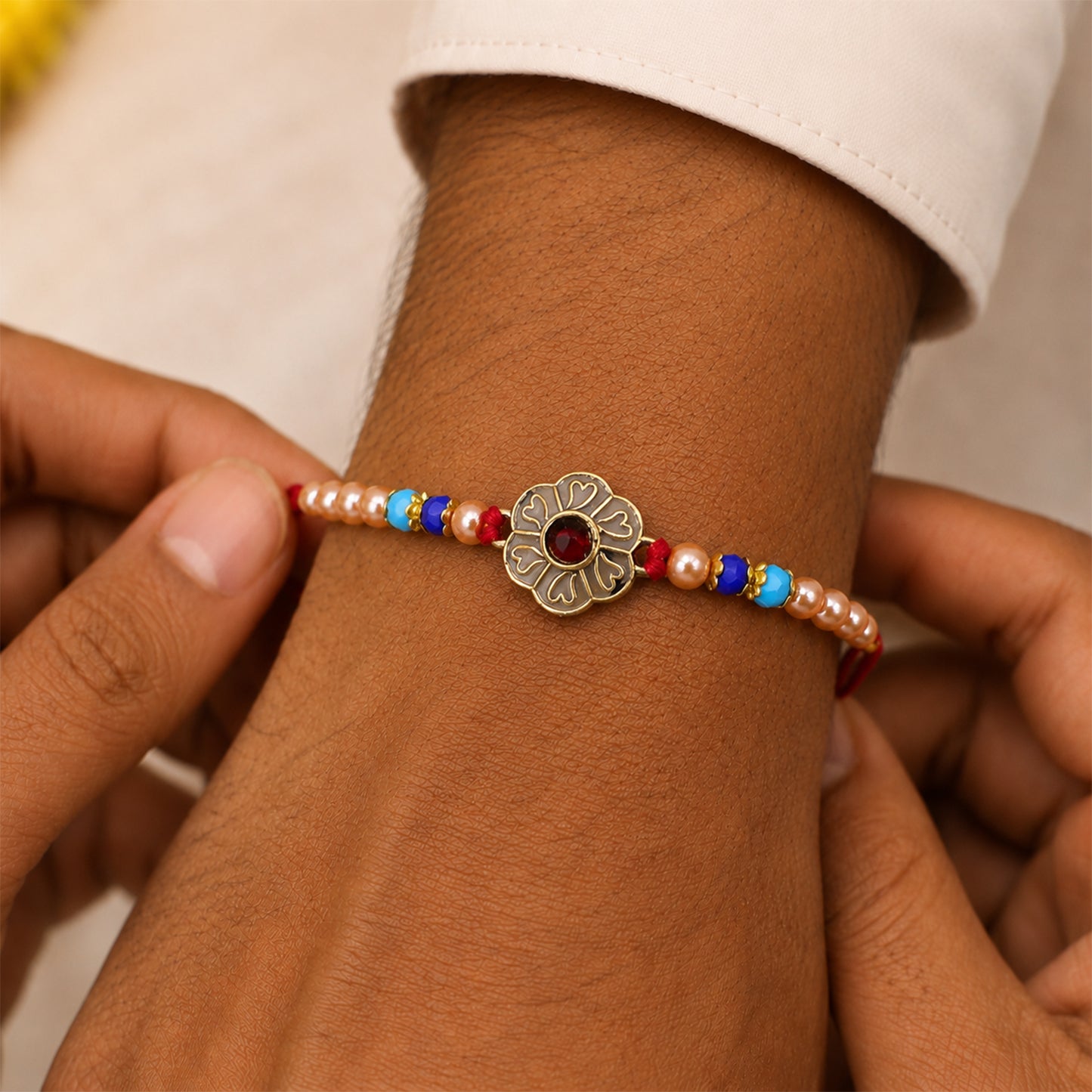 Antique Floral Medallion Designer Rakhi for Brother with Pearl & Beads