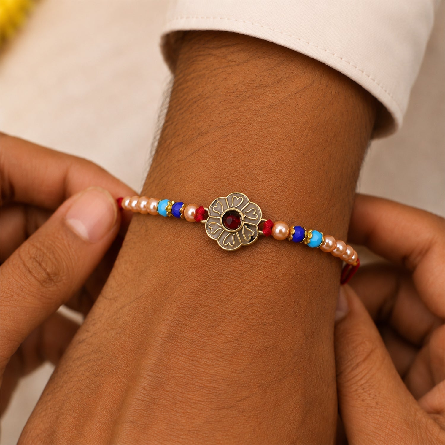 Antique Floral Medallion Designer Rakhi for Brother with Pearl & Beads