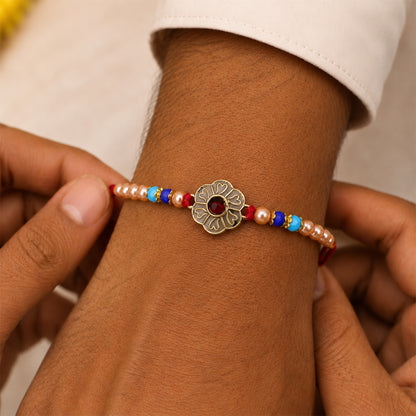 Antique Floral Medallion Designer Rakhi for Brother with Pearl & Beads