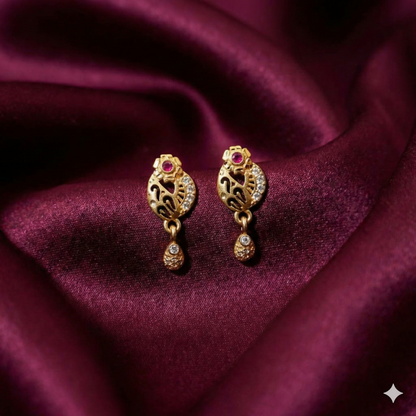 Traditional Gold-Plated Daily Use Peacock Filigree Dangle Earrings with Ruby & Crystal Accents