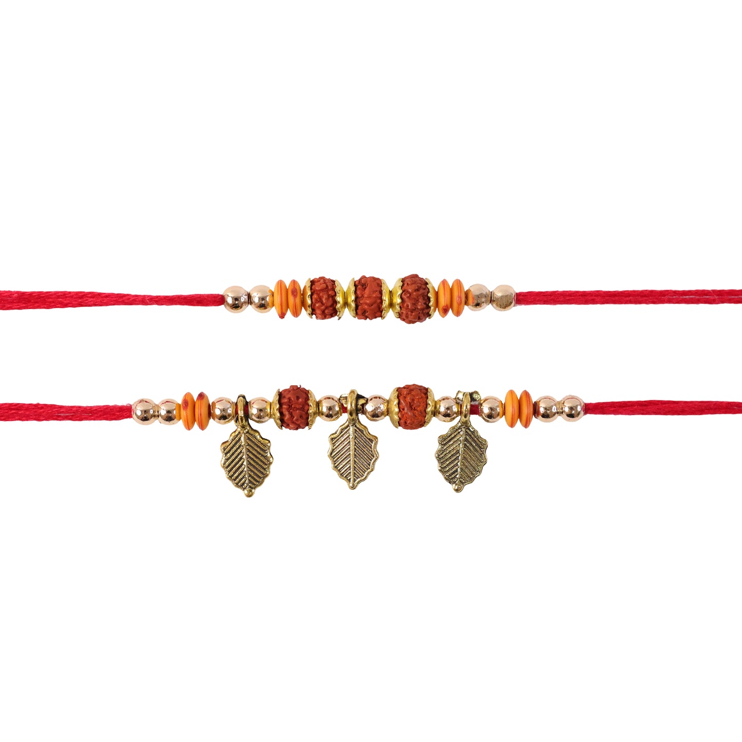 Couple Rakhi Set with Rudraksha Beads, Orange Spacers and Leaf Charms
