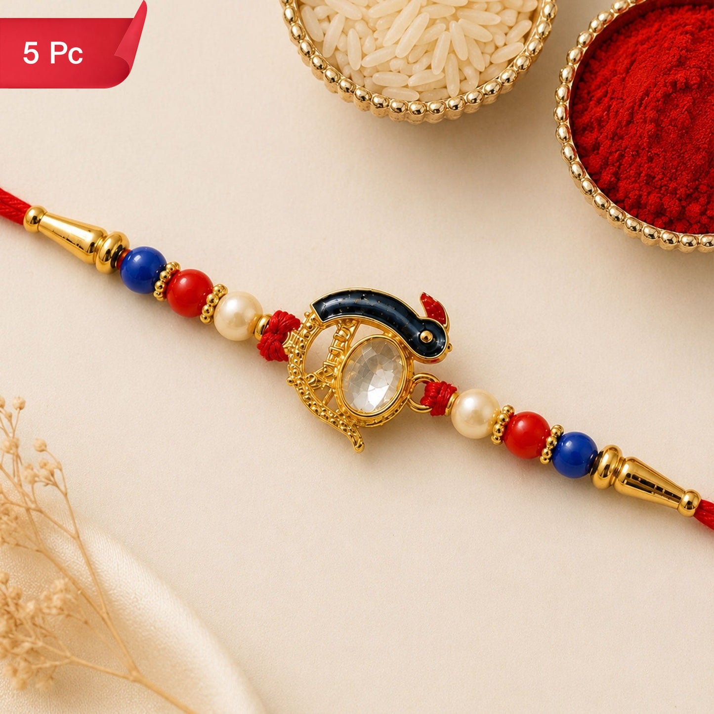 Elegant Stone Studs Rakhi Traditional Beaded Brother Gift (5pcs)