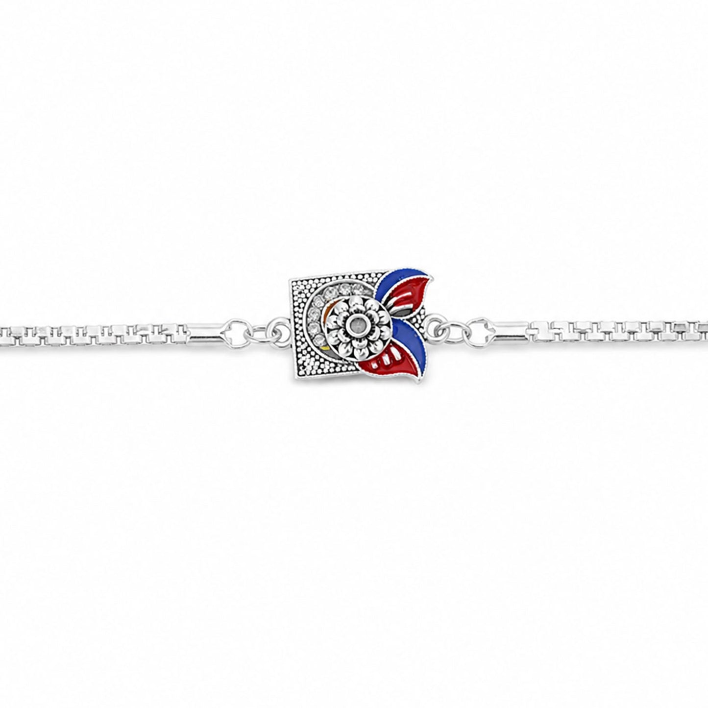 Square Carved Flower Dual Leaf Enamel Silver Chain Designer Rakhi