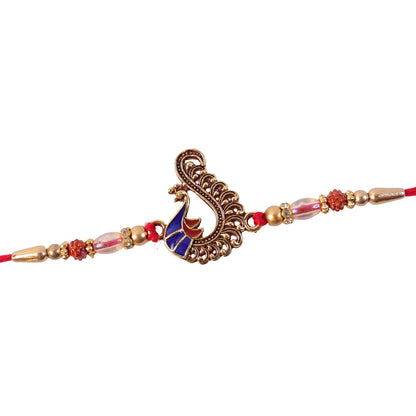 Designer Rakhi with Peacock Paisley Charm, blue stones and thread look for Gift Use