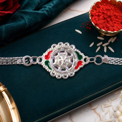 Silver Floral Rakhi Meenakari & Chain for Brothers (5pcs)