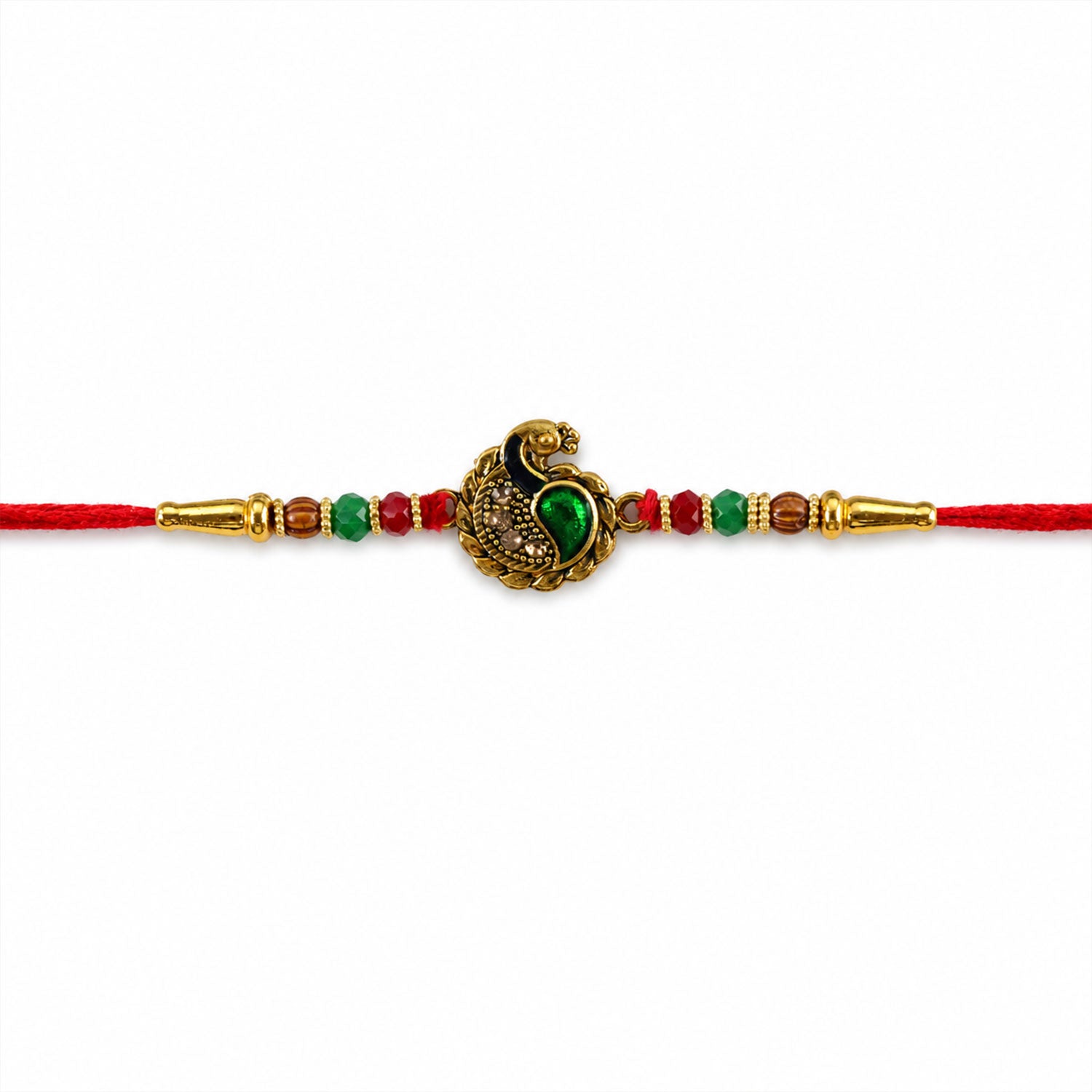 Green Peacock Paisley Rakhi with Golden Detail, Festive Beads and Red Thread