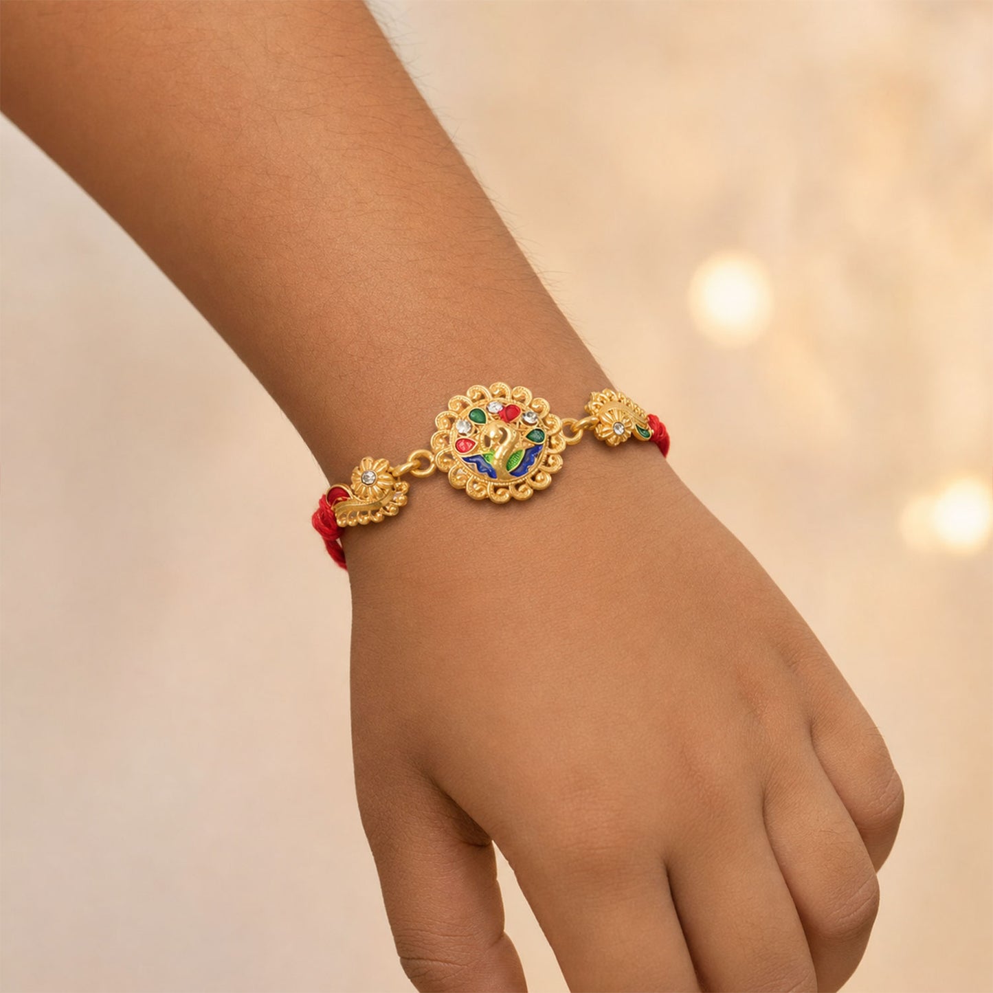 Graceful Rakhi with Floral Medallion, pink green stones and bead line for Gift Use