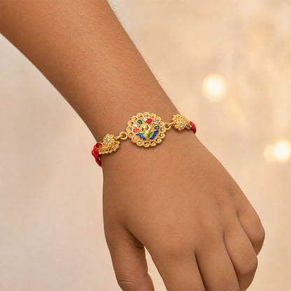 Graceful Rakhi with Floral Medallion, pink green stones and bead line for Gift Use