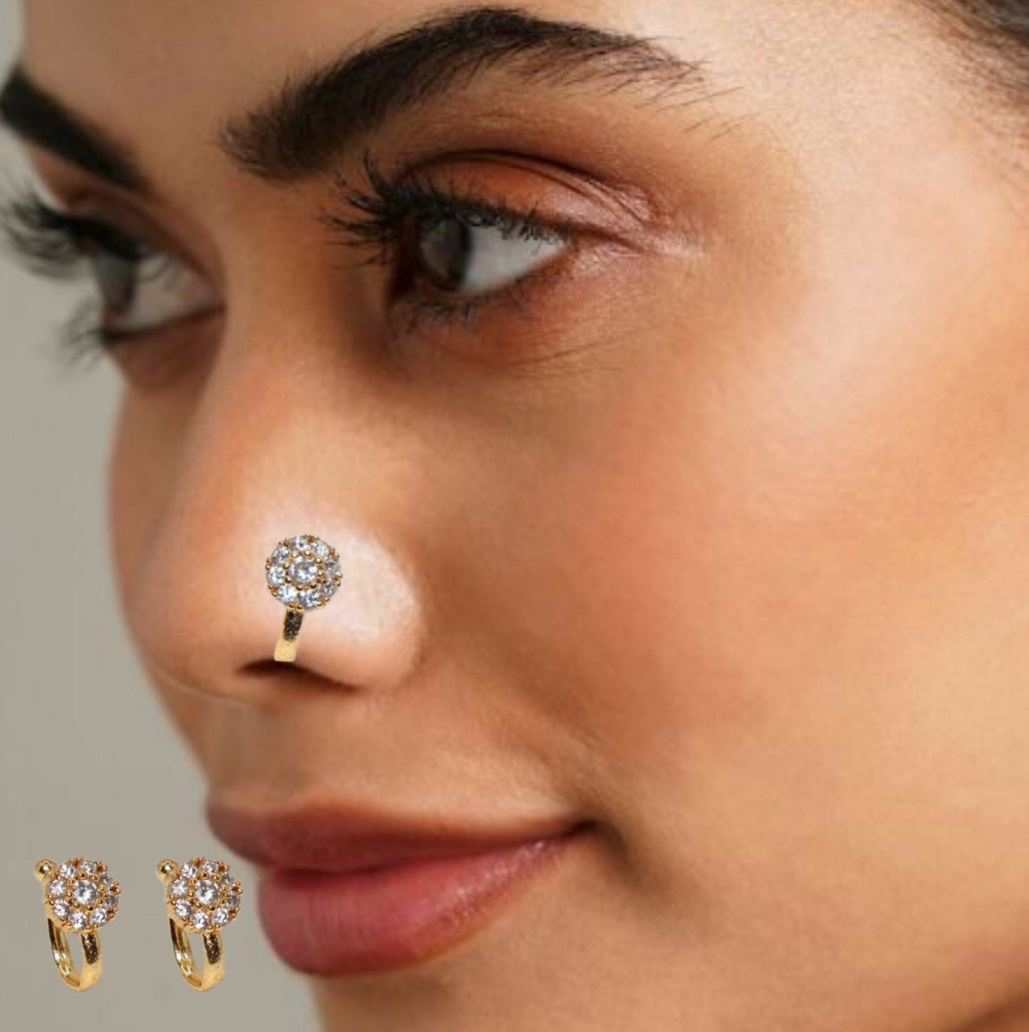 Gold plated non-piercing CZ crystal cluster nose pin with floral design