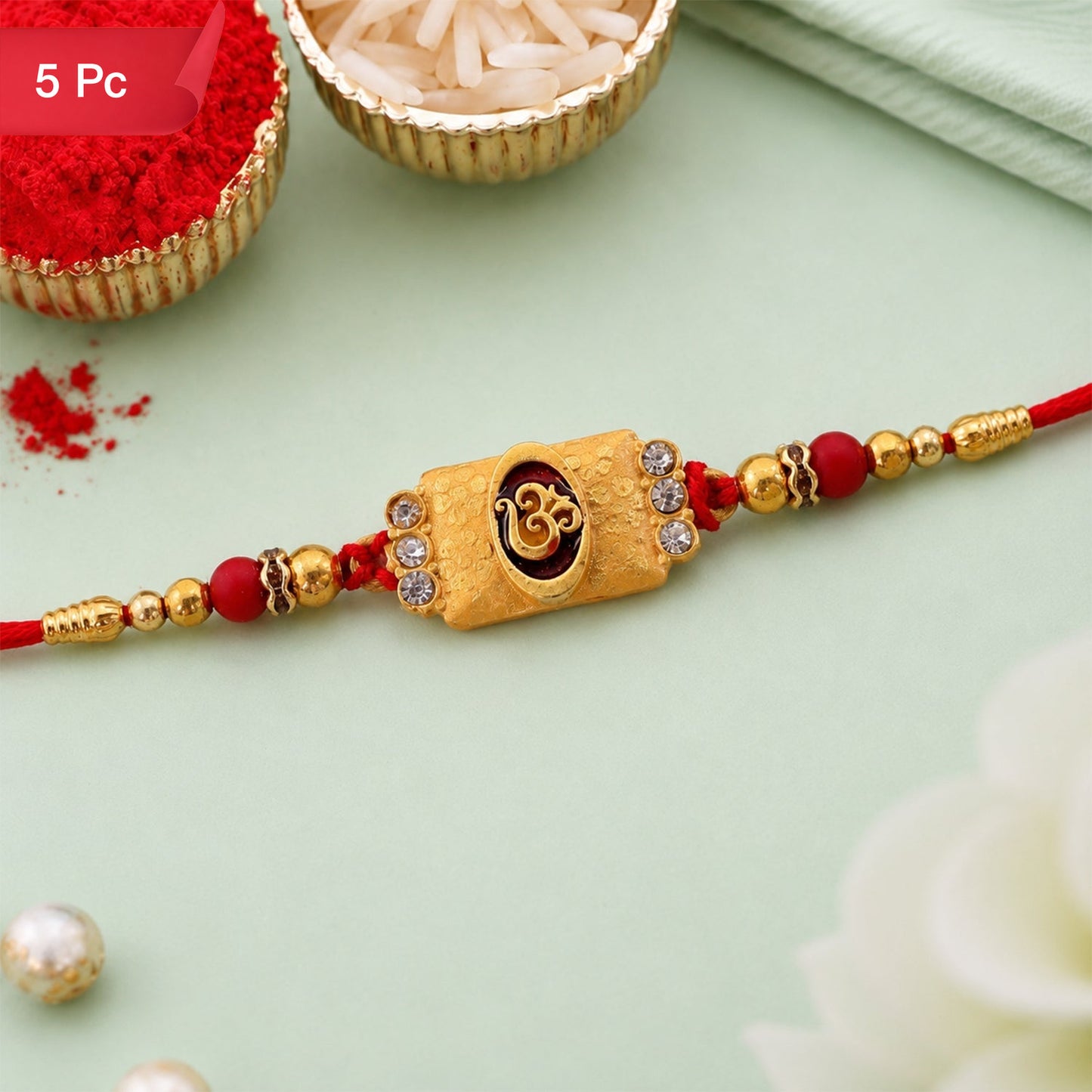 Om Kundan Beaded Rakhi Traditional Sacred Motif Raksha Bandhan (5pcs)