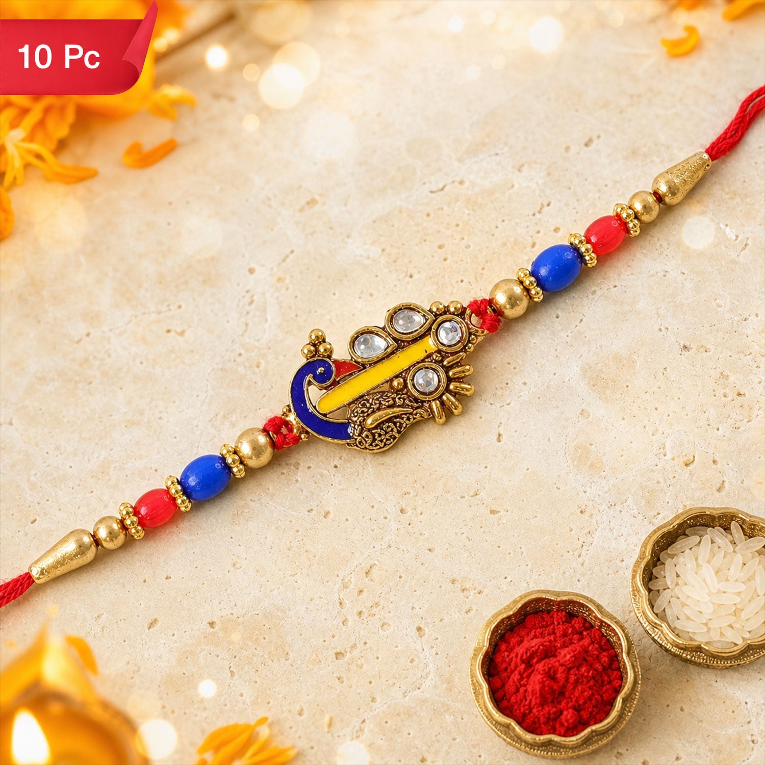 Paisley Peacock Kundan Beaded Rakhi for Brother (10pcs)