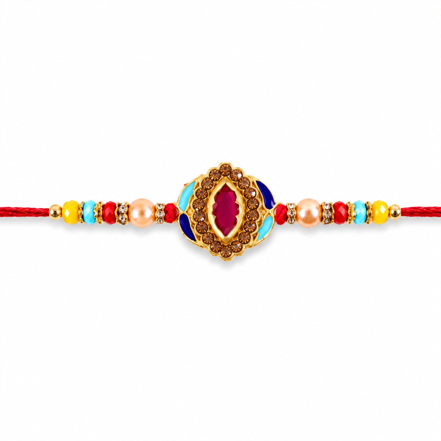 Pink Stone & Blue Meenakari Oval Designer Rakhi for Brother Gift Set