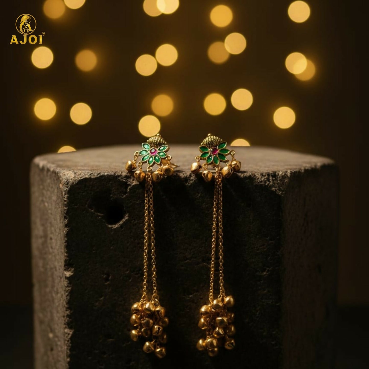 Handcrafted Floral Stud Long Drop Ghungroo Jhumki Earrings