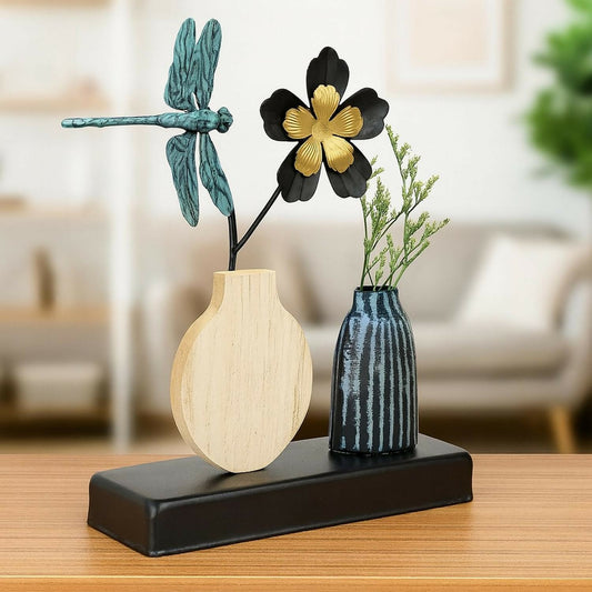 Decorative Metal Dragonfly & Flower Showpiece with Wooden Base – Black & Gold Artificial Flower Vase with Side Pot, Modern Tabletop Home Décor for Living Room, Bedroom, Office & Gift Purpose