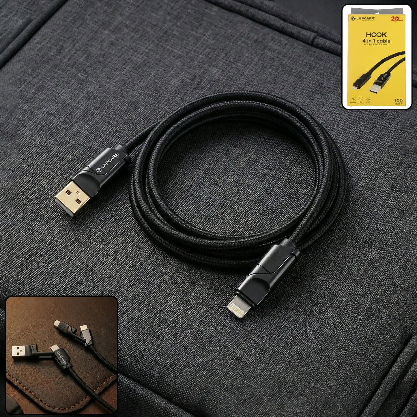 Lapcare Hook 4 in 1 Braided Charging Cable with USB A, Type C & Lightning