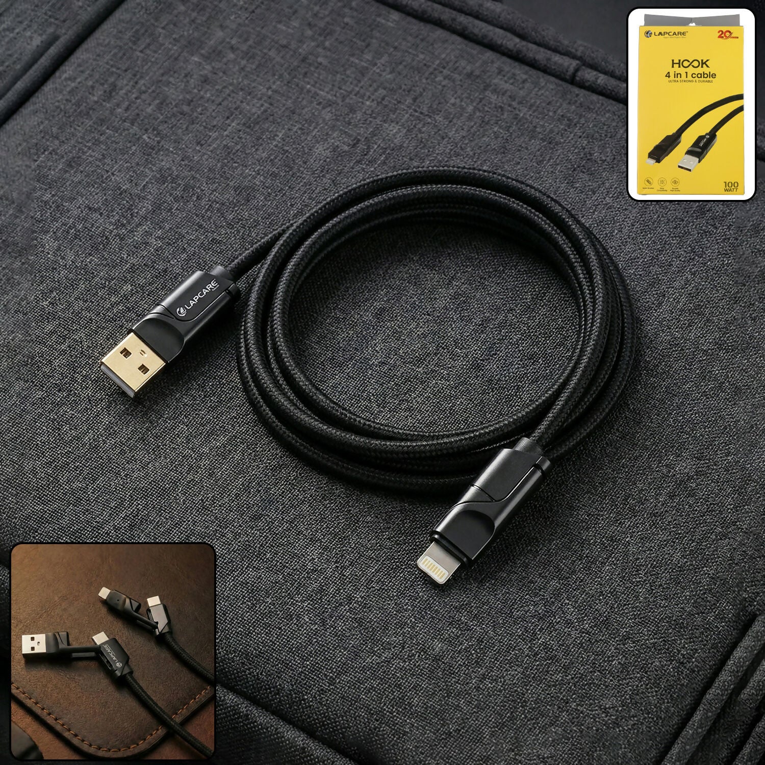 Lapcare Hook 4 in 1 Braided Charging Cable with USB A, Type C & Lightning