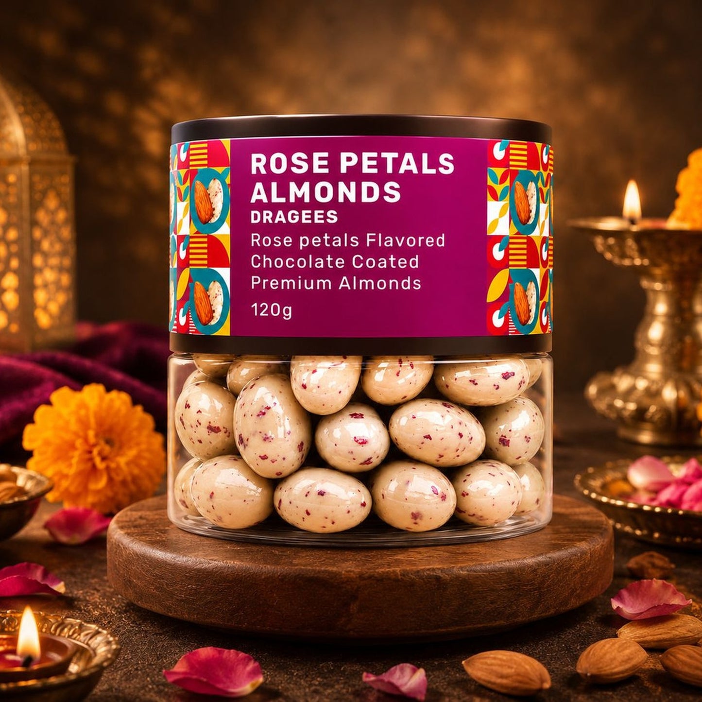 Gourmet Rose Petal Almond Dragees arranged artfully on a white plate, perfect for dessert.
