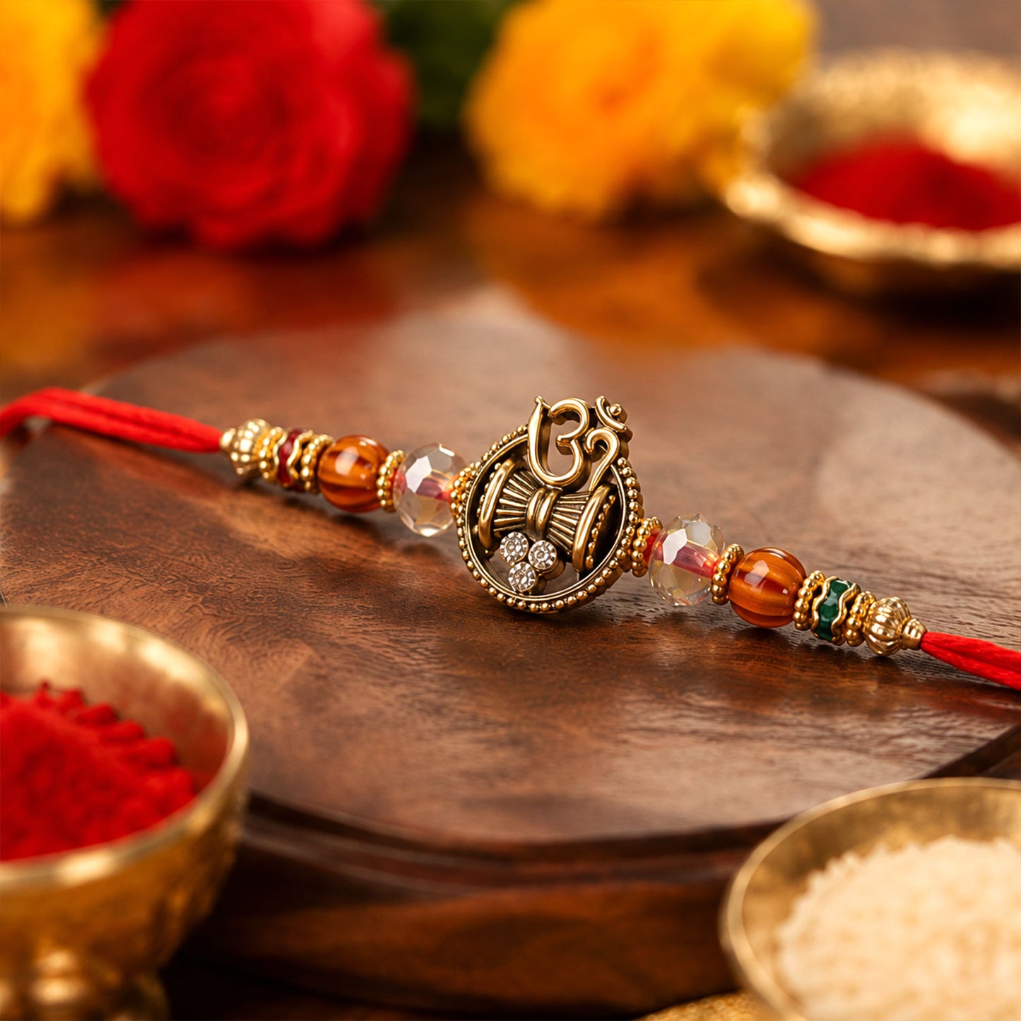 Om Damru Trishul Devotional Rakhi with Sparkling Stones and Brown Beads