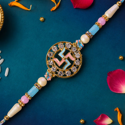 Divine Rakhi showcasing Swastik Circle Plaque, gold trims and chain look for Gift Use