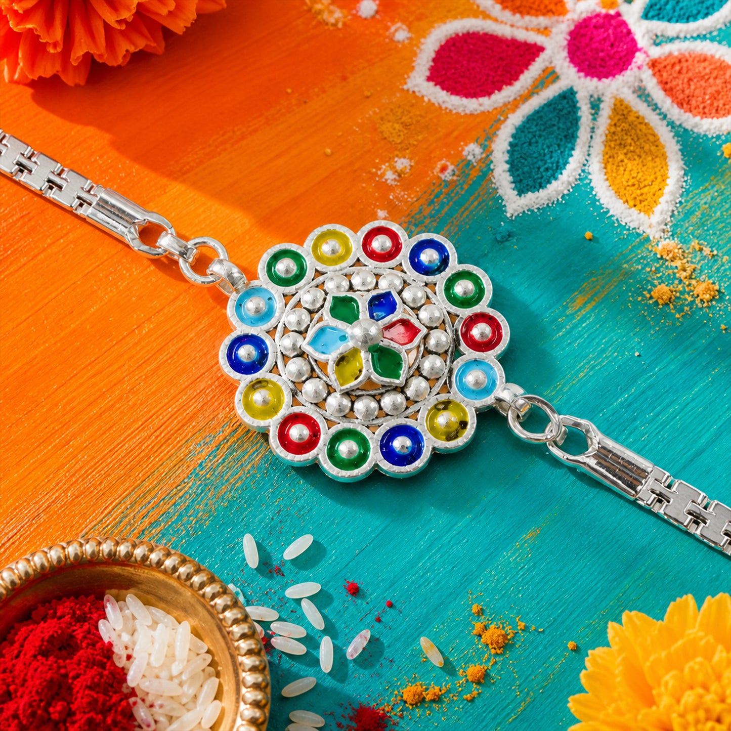 Floral Mandala Enamel Circles Beaded Silver Chain Designer Rakhi