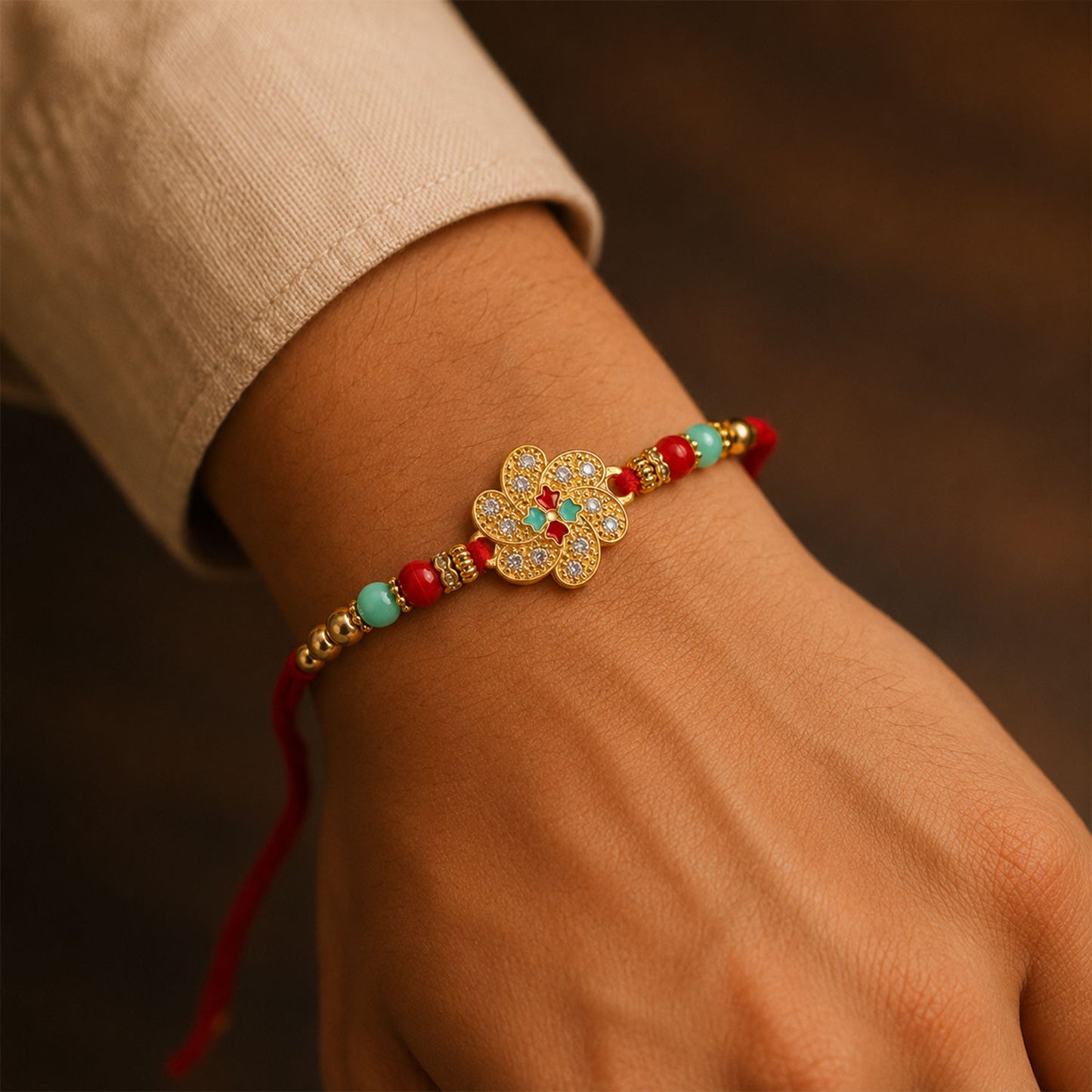 Floral Premium Clover Meenakari Rakhi for Brother, Turquoise Beads