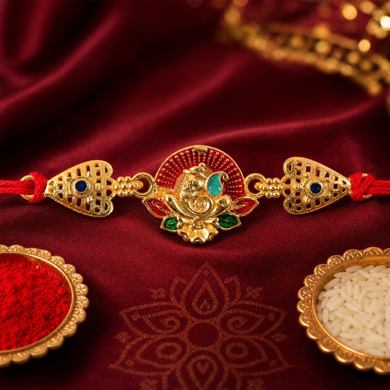Gold-Toned Lord Ganesha Rakhi with Lotus Enamel for Raksha Bandhan (5pcs)