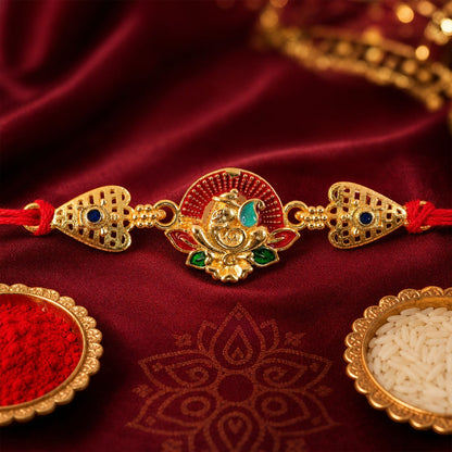 Gold-Toned Lord Ganesha Rakhi with Lotus Enamel for Raksha Bandhan (5pcs)