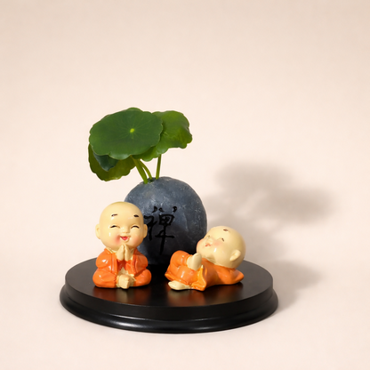 Cute Zen Monk Couple with Mini Planter Decorative Showpiece (ANY COLOR)