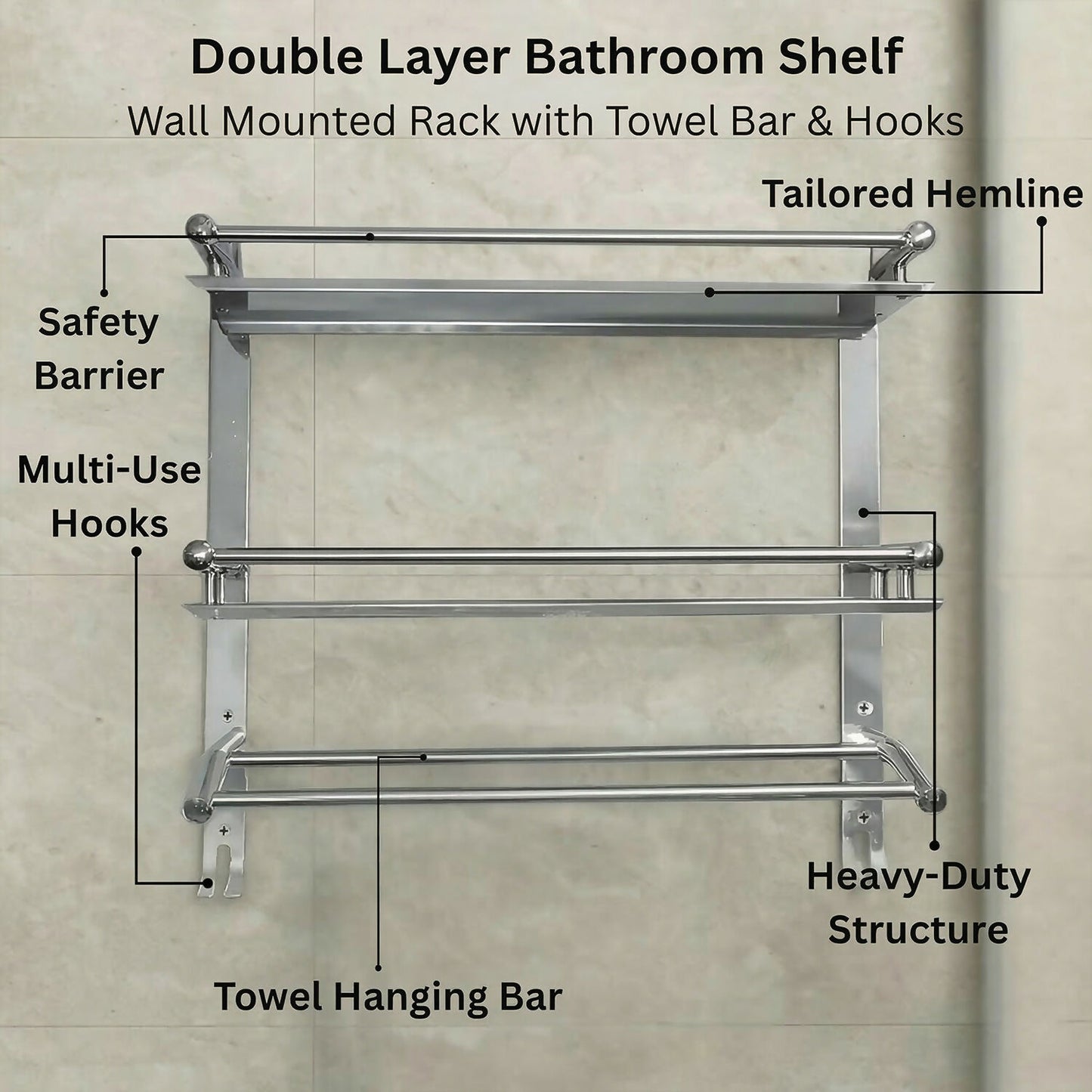 Multipurpose Wall Mounted Bathroom Shelf Organizer with Towel Bar and Storage Rack