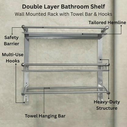 Multipurpose Wall Mounted Bathroom Shelf Organizer with Towel Bar and Storage Rack