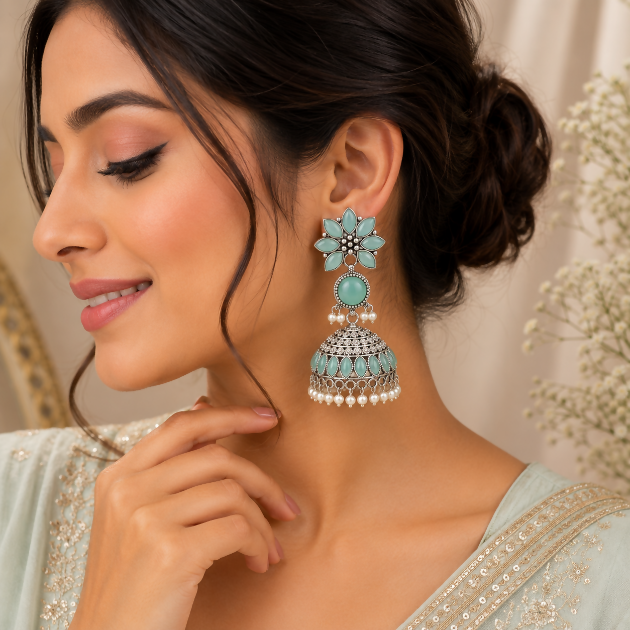 Elegant Oxidized Silver Jhumka Earrings with Sky Blue Stones & Pearl Accents