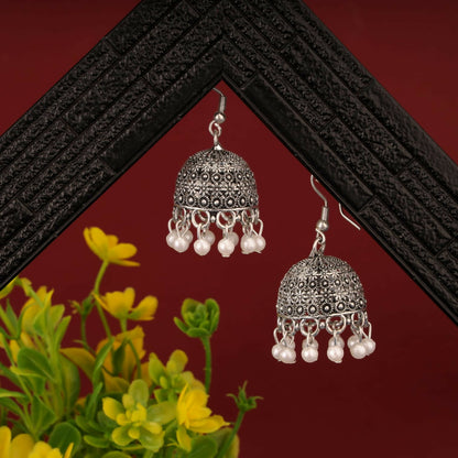 Classic Oxidised Silver Pearl & Beaded Jhumka Earrings Combo Set for Women & Girls (Set of 3)