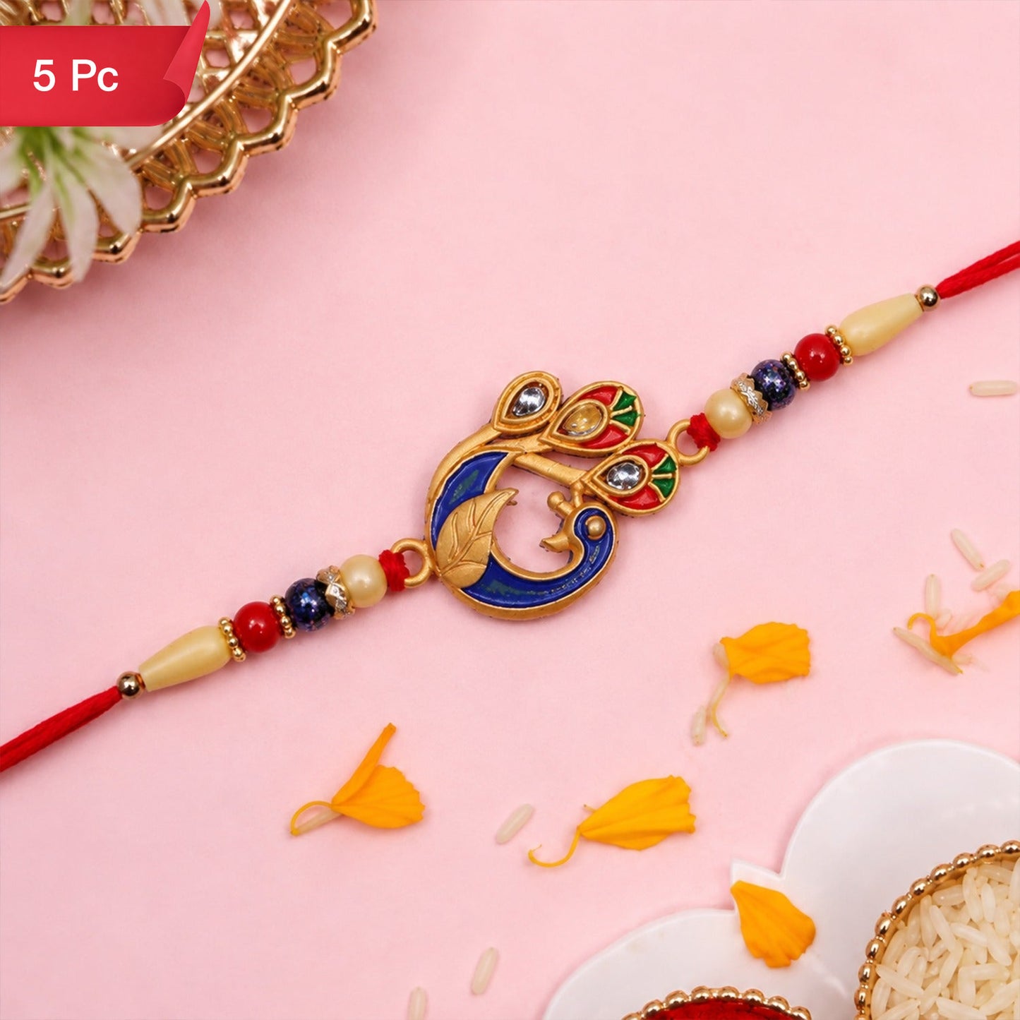 Peacock Meenakari Rakhi Vibrant Traditional Thread for Brother (5pcs)