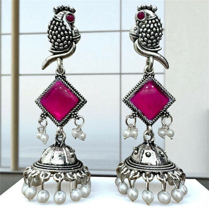 Oxidised Silver Pink Stone Parrot Design Jhumka Earrings for Women & Girls