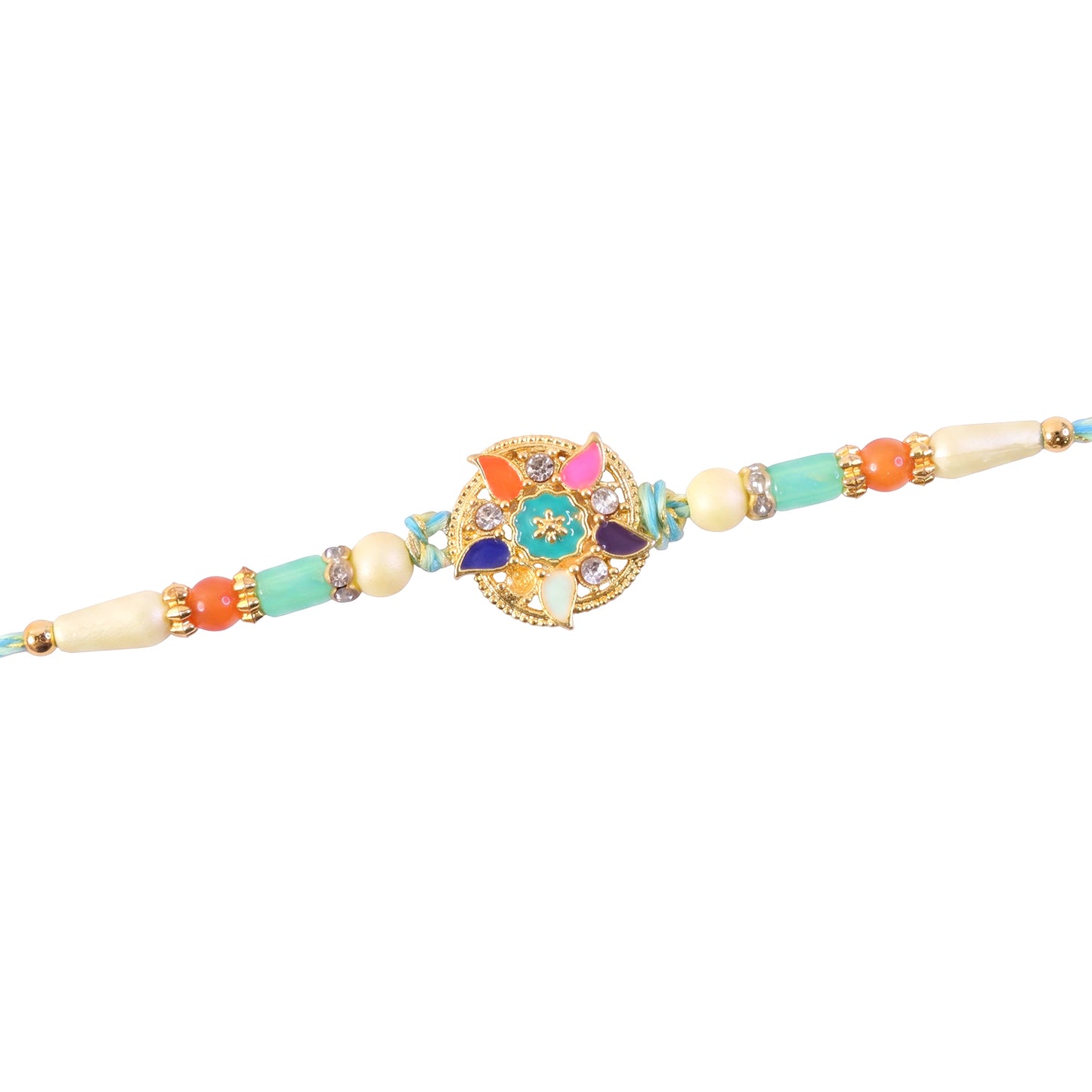 Multicolor Floral Kundan Pendant Rakhi with Pearl and Orange Beads