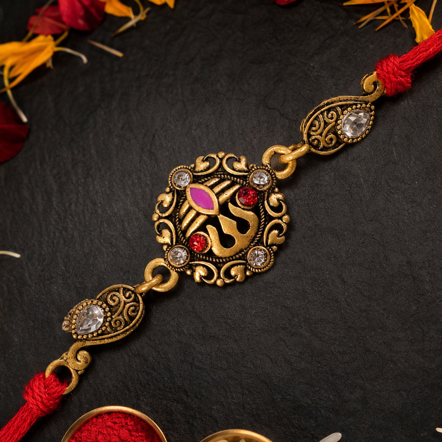 Premium Rakhi showcasing Ornate Floral Medallion, gold trims and gift style for Gift