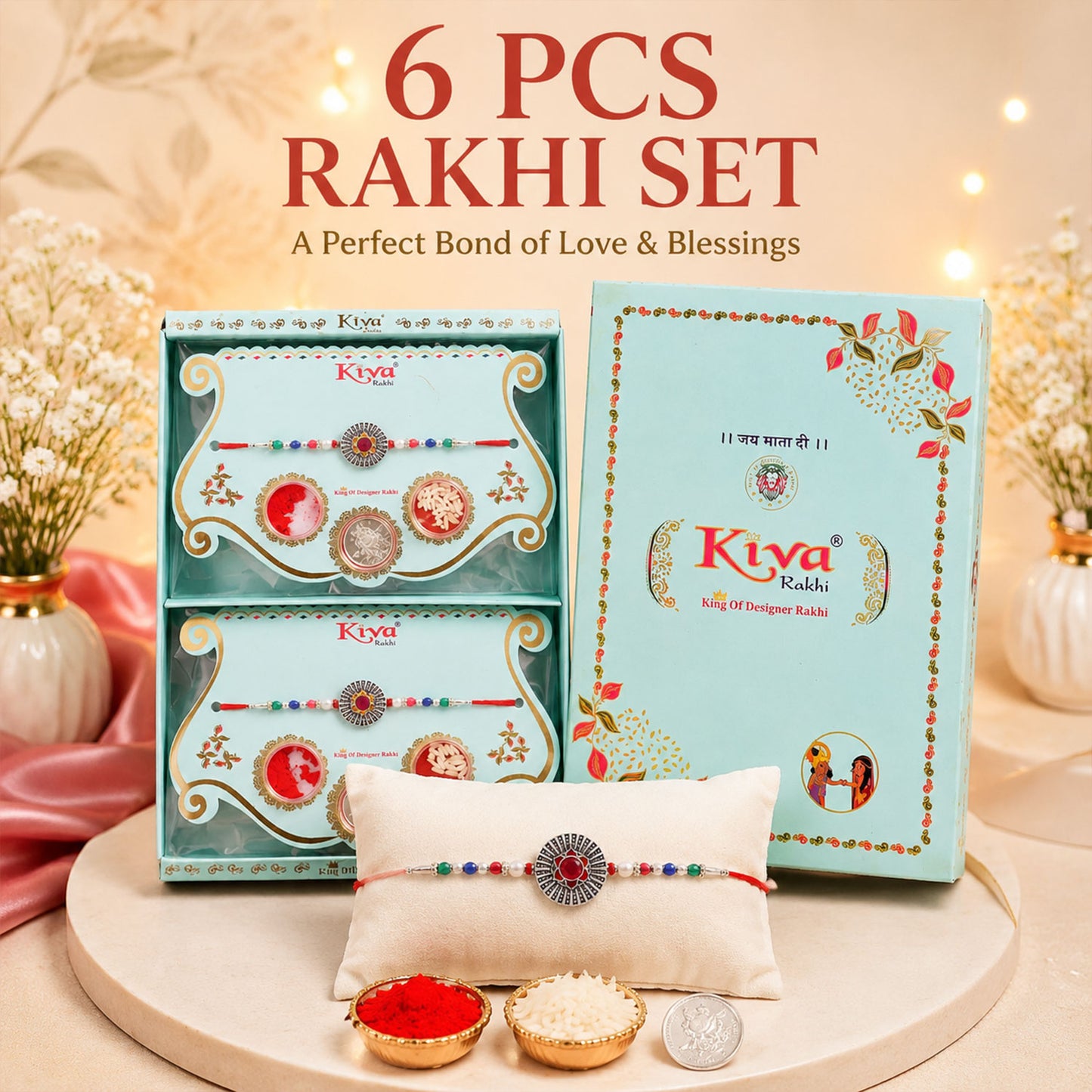 Sunburst Stone Rakhi with Magenta Centre, Pearl Beads, Roli Chawal Coin and Card Packing