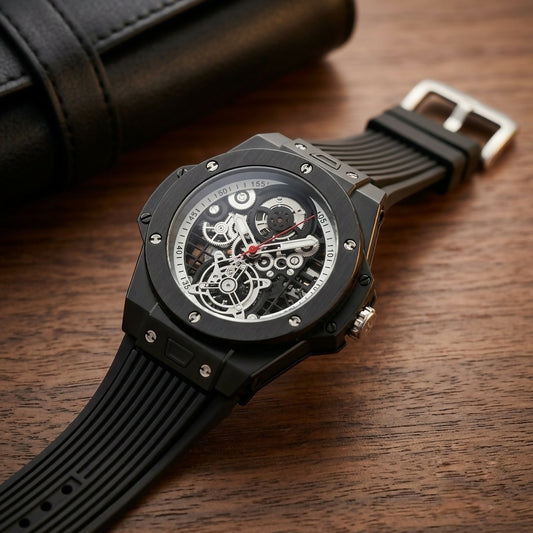 A black automatic watch with a skeleton dial and a textured rubber strap on a wooden surface.