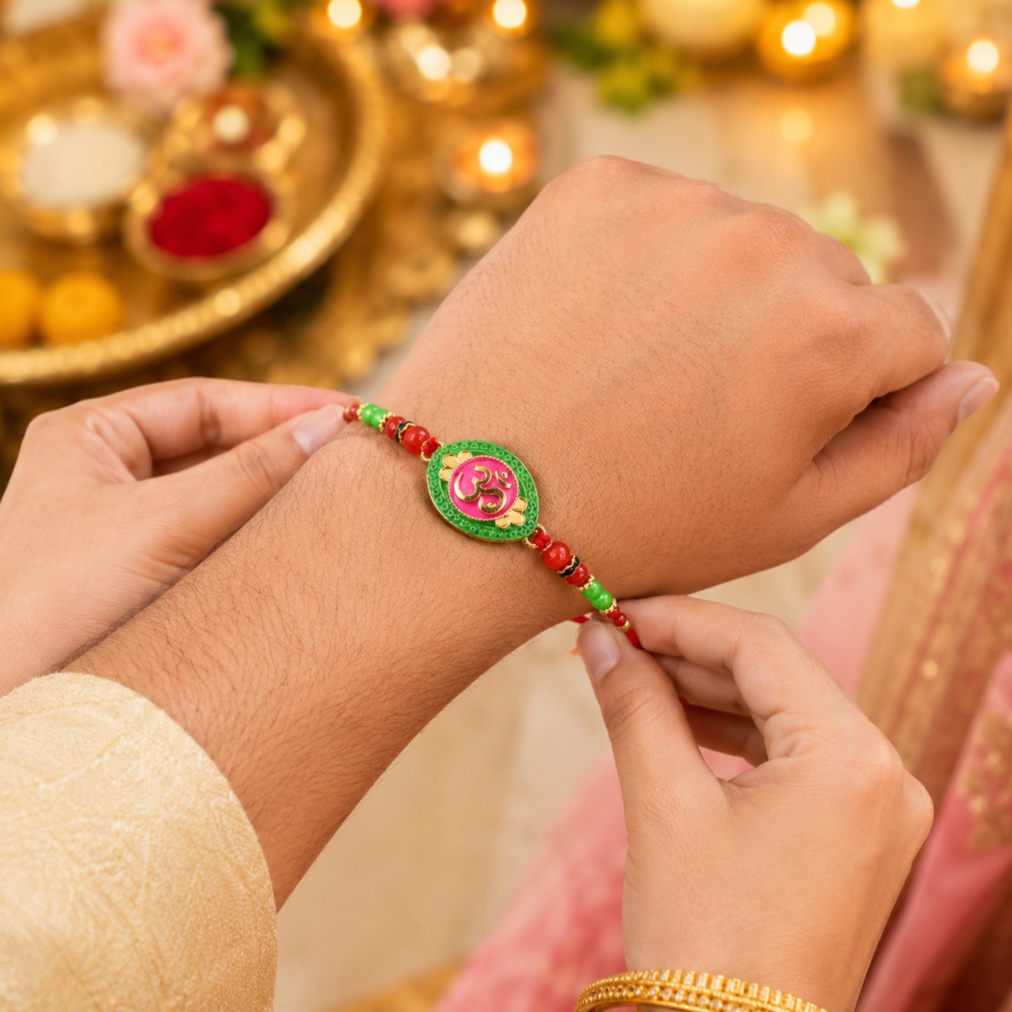 Traditional OM designer Rakhi with soft colorful thread