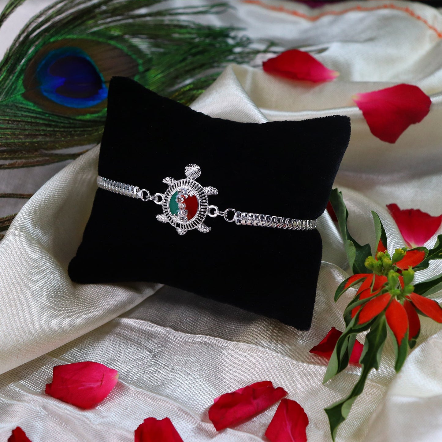 Turtle Rakhi for Brother Silver Enamel Chain Design (5pcs)