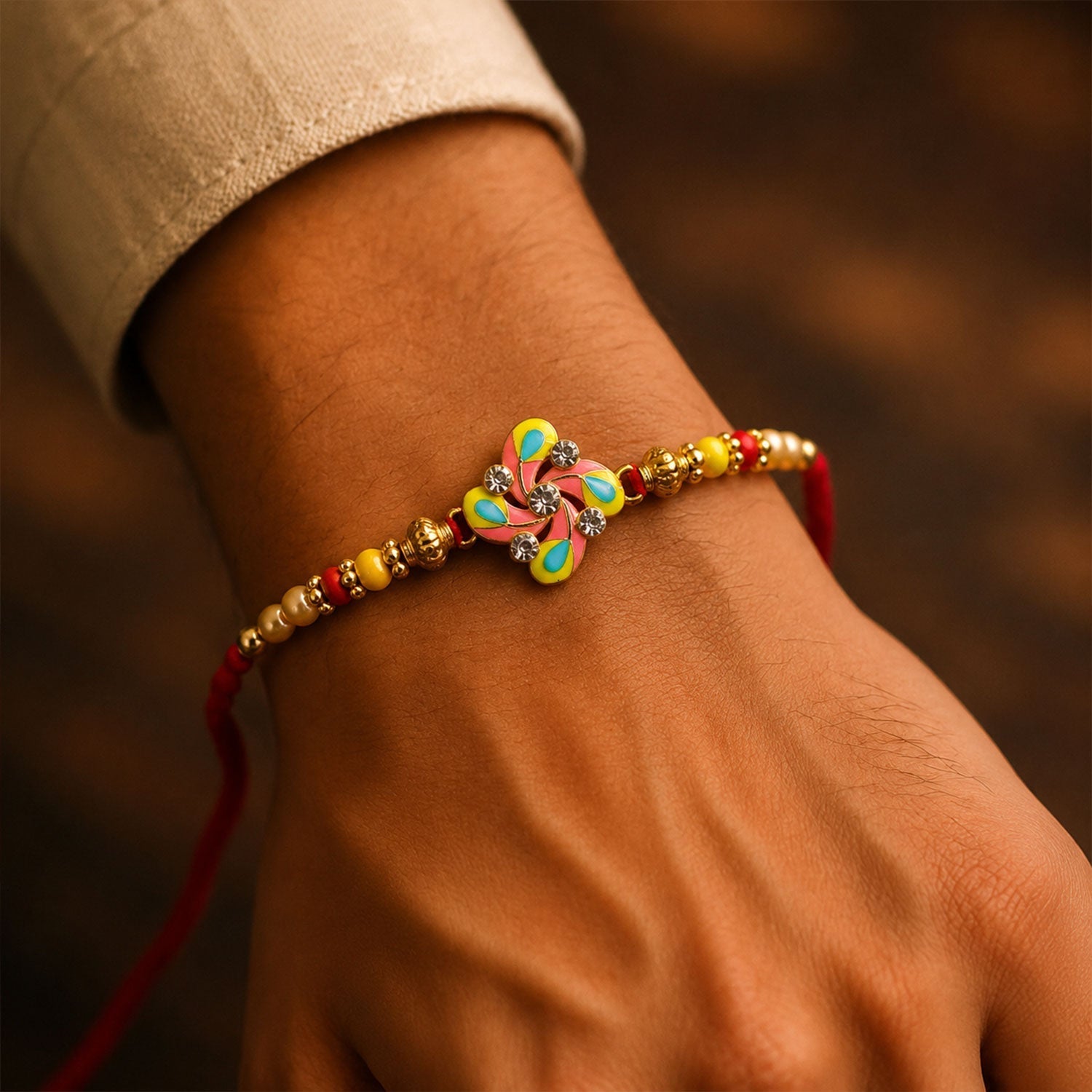 Meenakari Pinwheel Floral Crystal Stone Rakhi for Brother (5pcs)