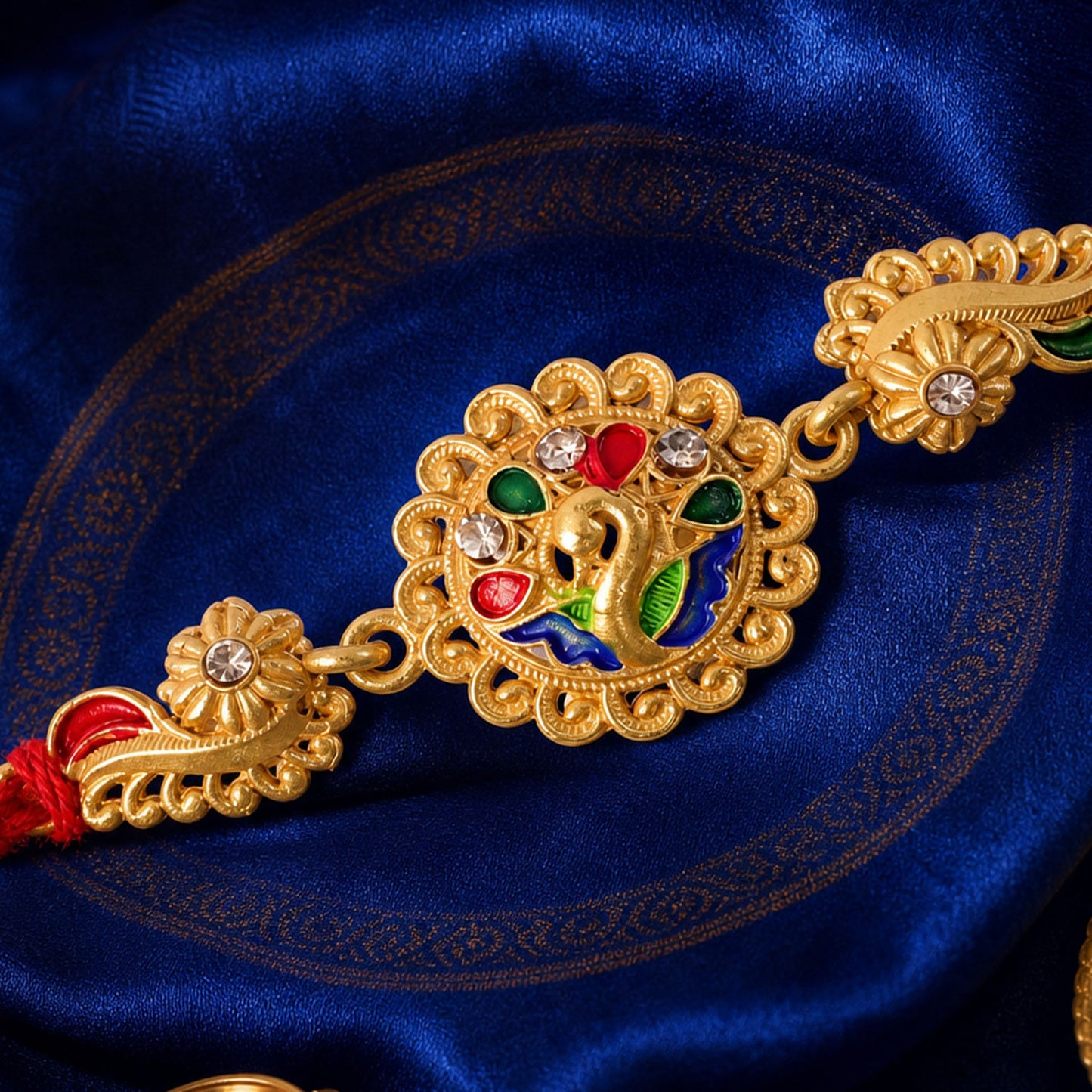 Graceful Rakhi with Floral Medallion, pink green stones and bead line for Gift Use