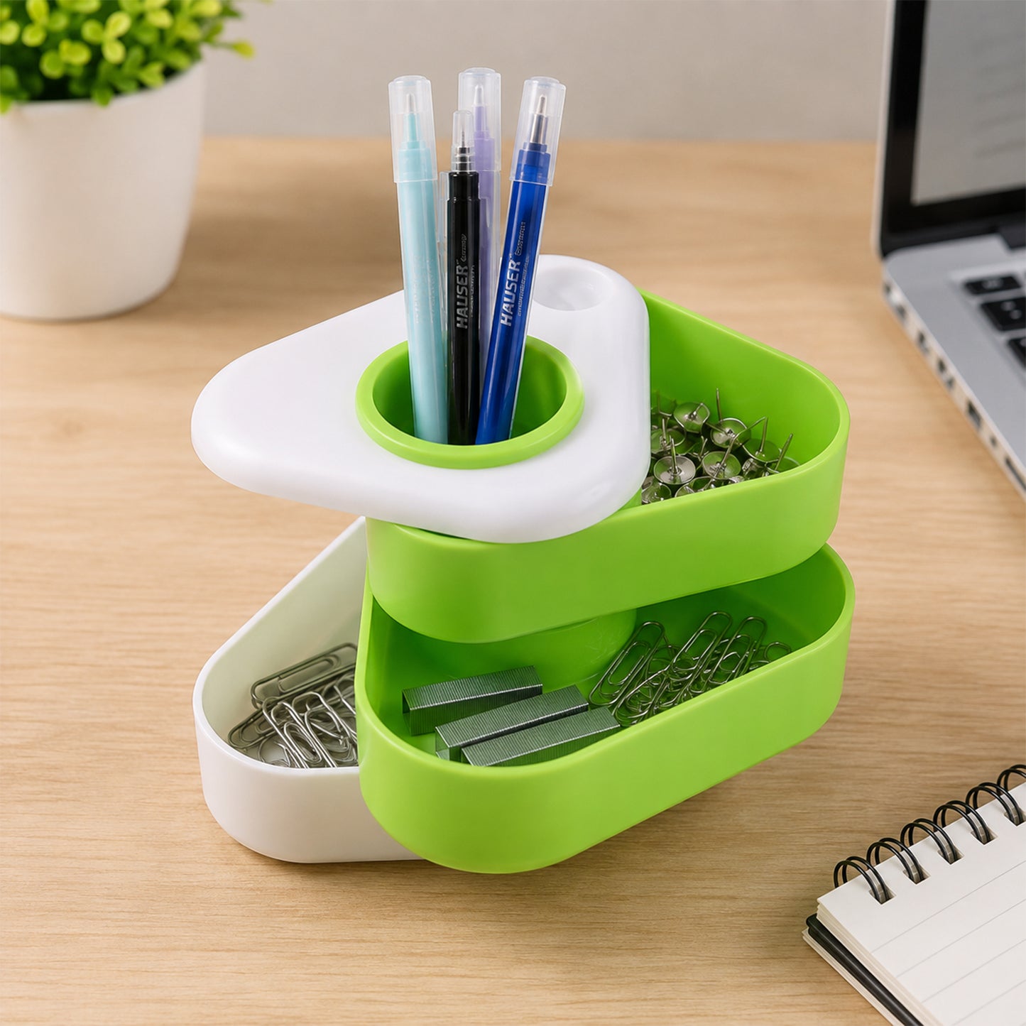 Triangle Rotating Desk Organizer with Pen Holder & Storage Trays for Office & Study