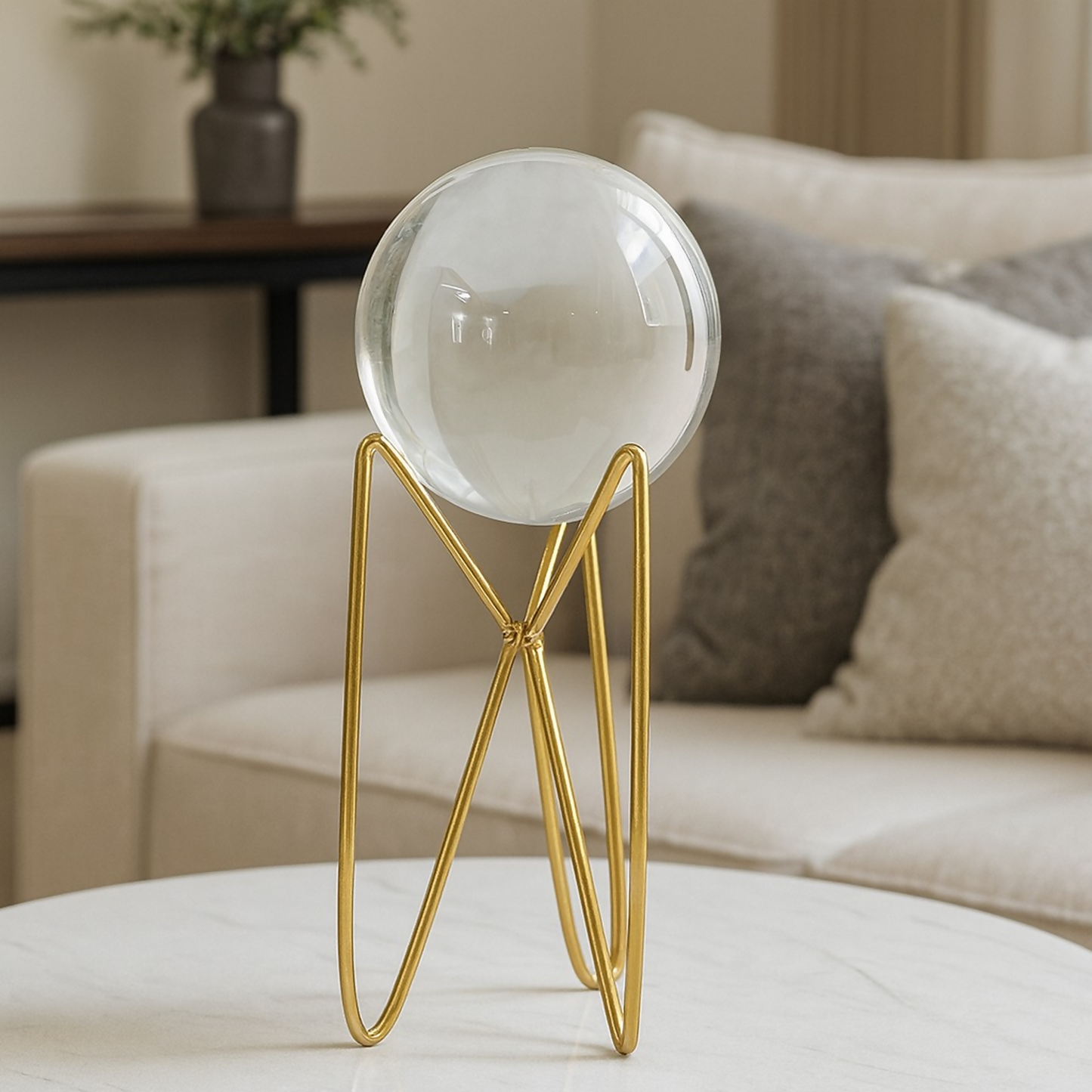 Close-up of crystal globe showpiece reflecting light elegantly