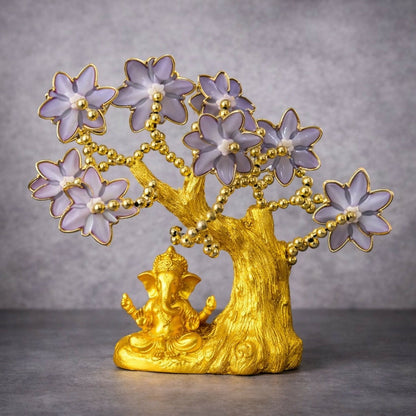 Golden Ganesh Tree with Purple Flowers & Evil Eye | Decorative Showpiece