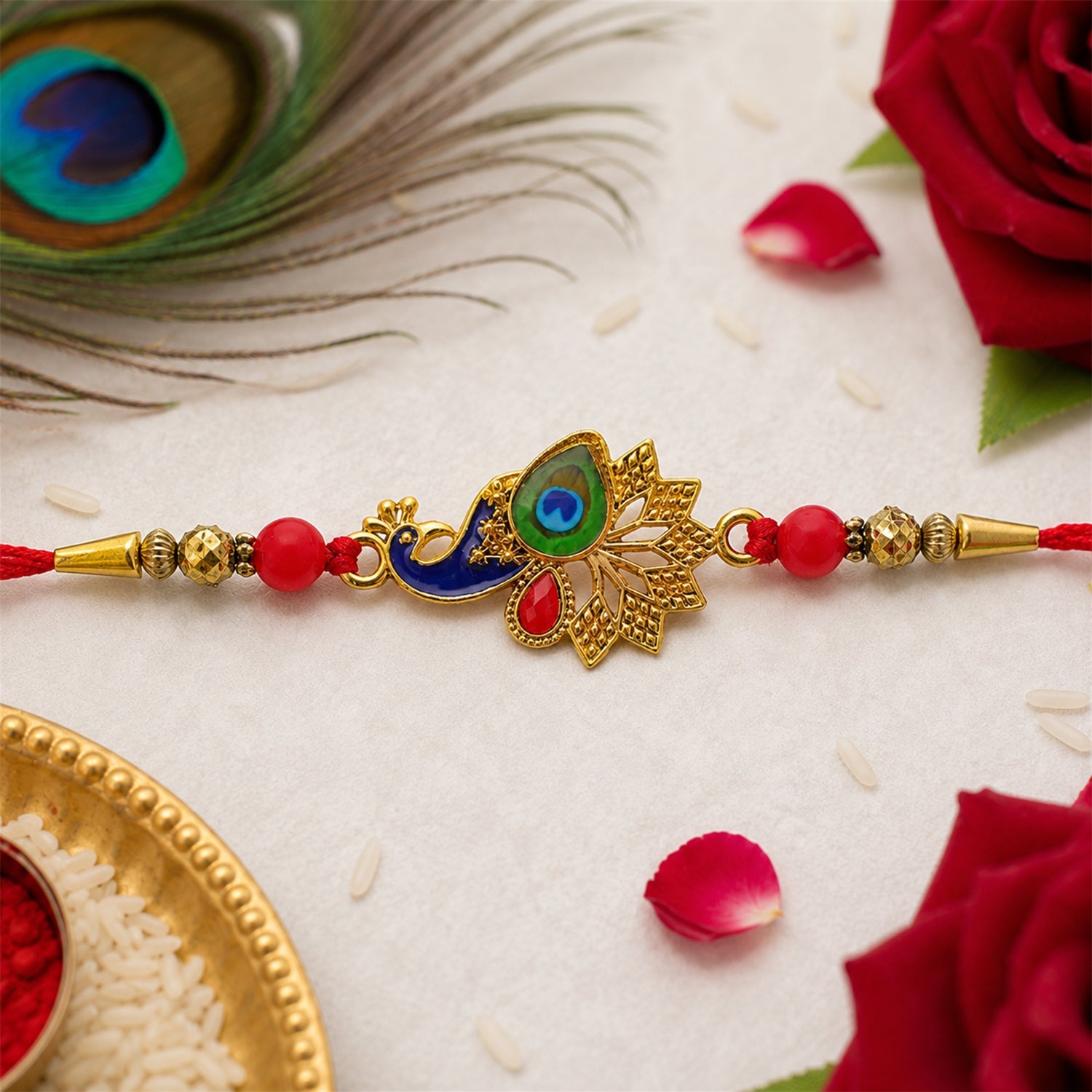 Peacock Rakhi, Vibrant Enamel & Beadwork Design (10pcs)