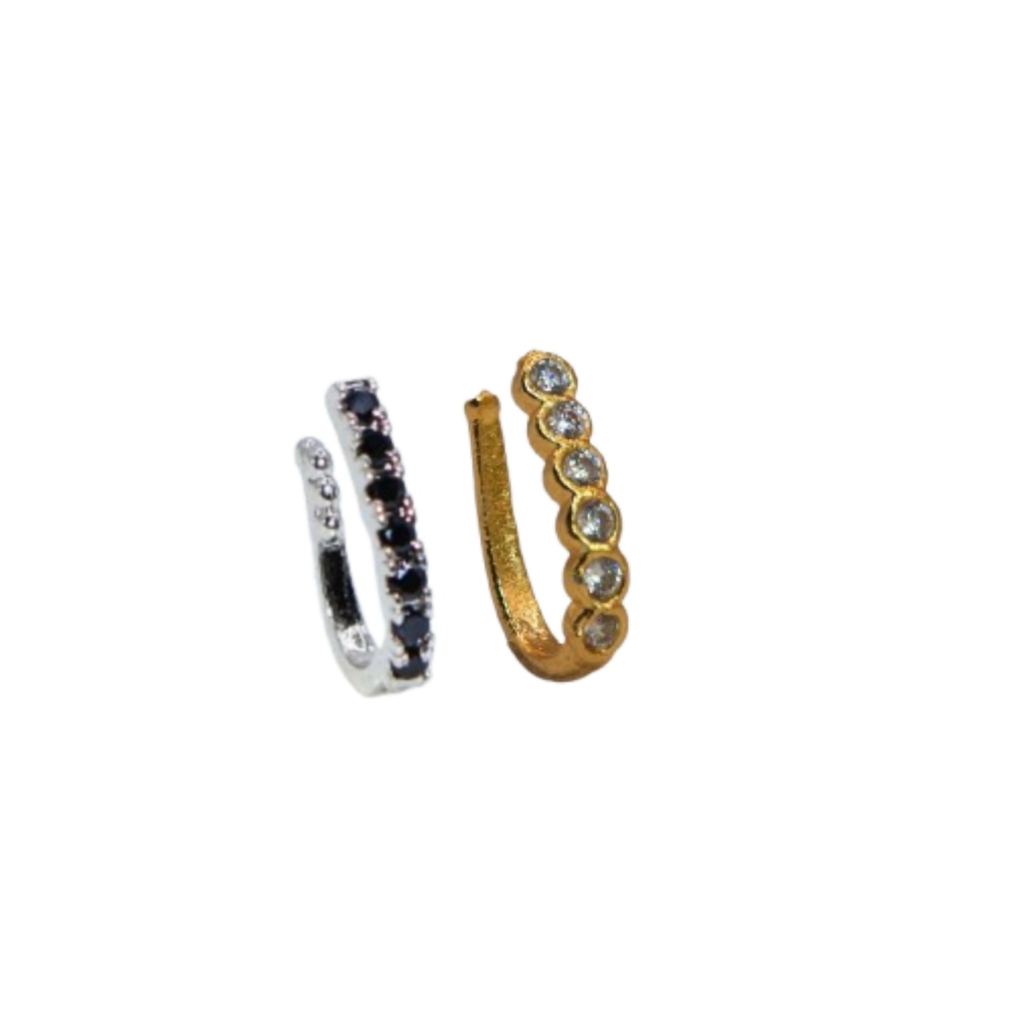 Close-up of adjustable gold tone clip-on nose pin with black cubic zirconia stones