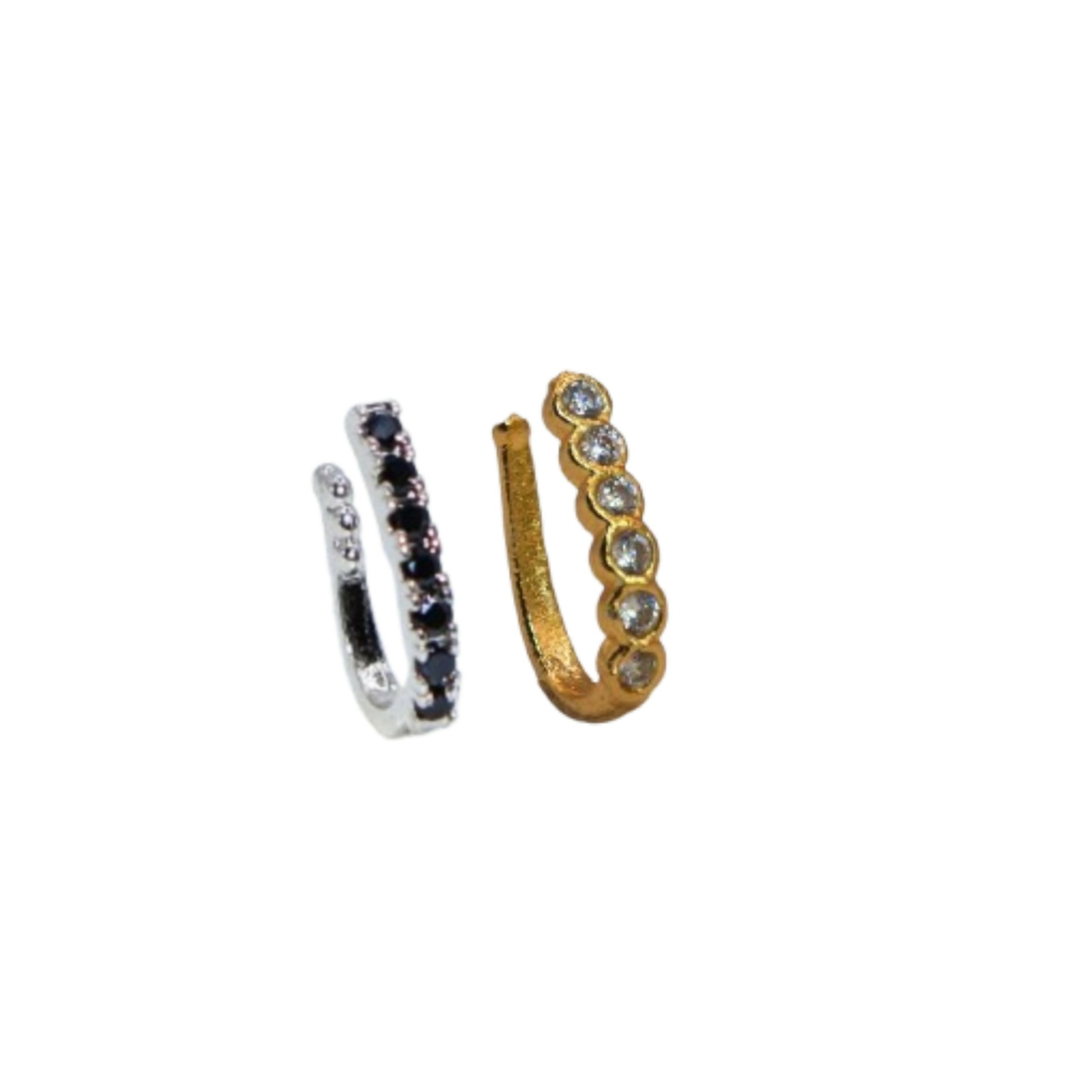 Close-up of adjustable gold tone clip-on nose pin with black cubic zirconia stones