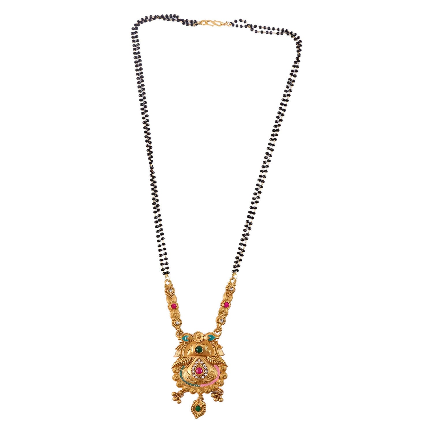 Detailed view of ghungroo balls and green stone drop on mangalsutra pendant